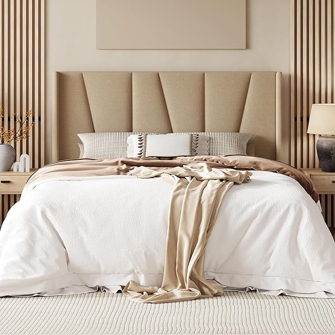 Allewie Full Size Platform Bed Frame with Geometric Wingback Headboard Boho Upholstered Bed with Wooden Slats Support No Box Spring Needed Easy Assembly Beige