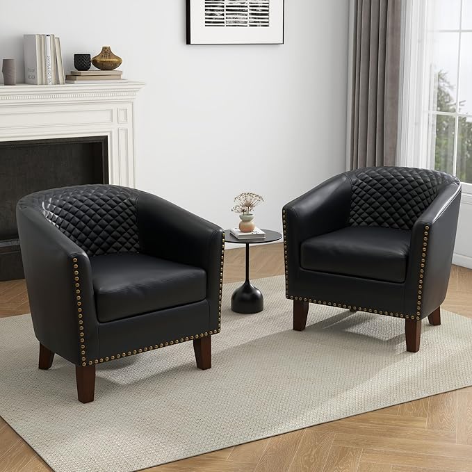 UIXE Faux Leather Barrel Accent Chairs Set of 2 Modern Club Upholstered Arm Chair Comfy Armchair Nailed Trim Living Room Single Sofa Reading Seat Bedroom Side Sitting for Office Black