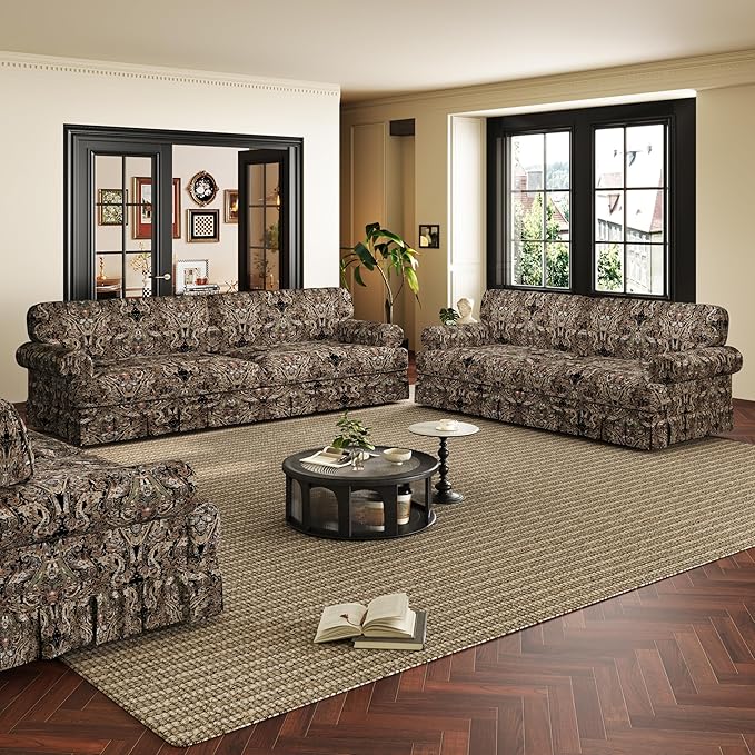 Luxury 3&amp4-Seater Sectional Couch Elegant Pleated Skirt Design and Rolled Arms 26.4 Extra-Deep Seat Couches for Living Room Apartment Soft Cushions &amp Sturdy Frame Oxford Sofa Black Flor