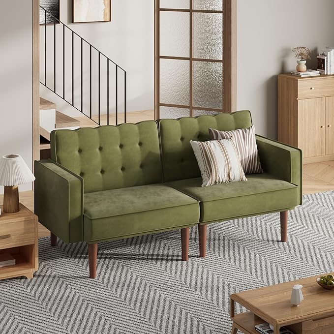 71 Velvet Futon Sofa Bed Versatile Loveseat Couch Sleeper Sofa with Adjustable Backrest Mid Century Modern Futon Couch for Small Space Living Room Office &amp Apartment Velvet Fabric Green