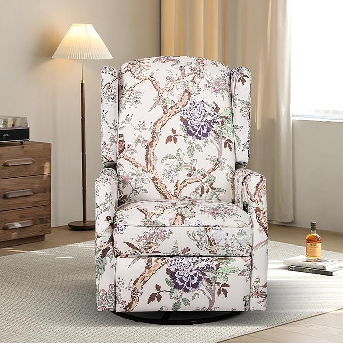 Swivel Rocker Recliner Chair with Patterned Fabric 360° Swivel &amp Gentle Rocking Motion Wingback Reclining Chair for Adults Living Room Accent Rocker Armchair with Push-Back Recline (Print)