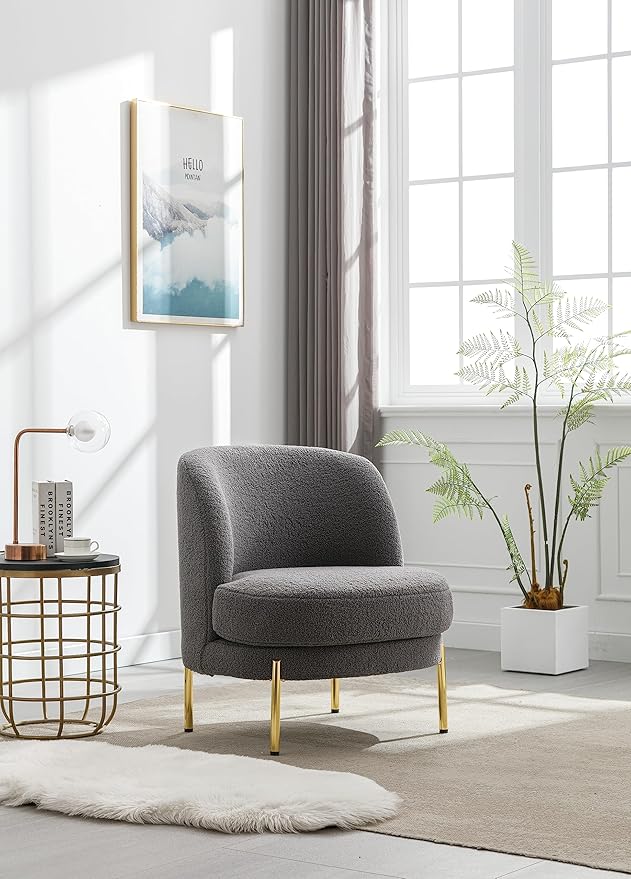 28.4 W Accent Chair Upholstered Curved Backrest Reading Chair Single Sofa Leisure Club Chair with Golden Adjustable Legs for Living Room Bedroom Dorm Room (Gray Boucle)