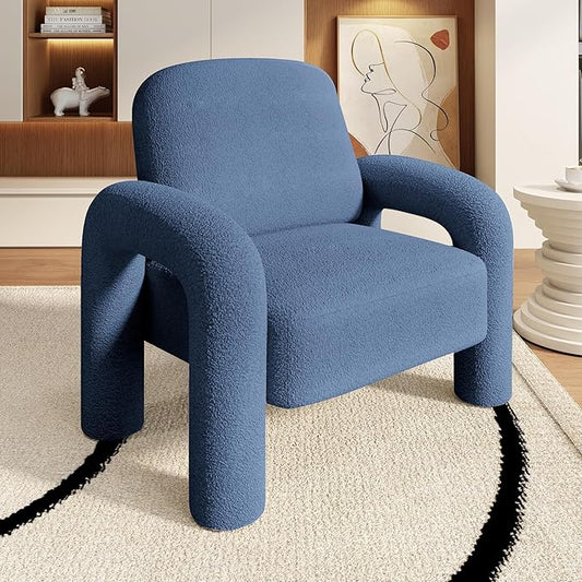 Modern Sherpa Accent Chair Teddy Upholstered Arm Single Sofa Cozy Fluffy Reading Chair for Living Room Bedrooms Corner (Navy Blue)