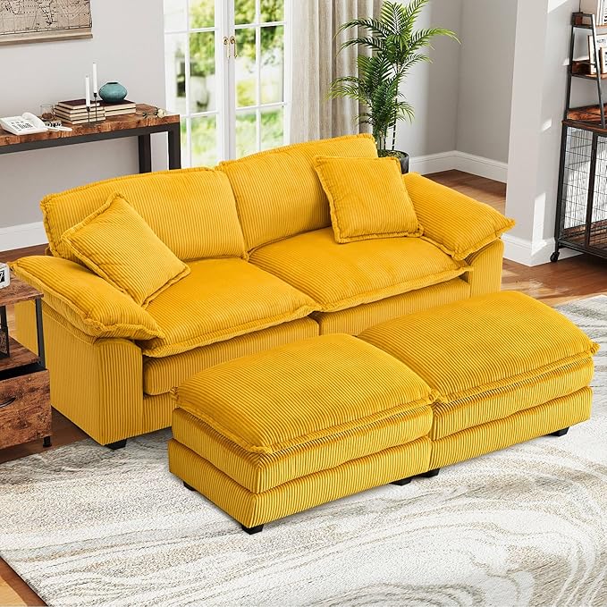 Modular Sectional Sofa 84'' Comfy Corduroy Double Layer Upholstered Cloud Couch Loveseat Sleeper Sofa with Moveable Ottoman 2 Pillows and Detachable Armrest for Living Room Yellow