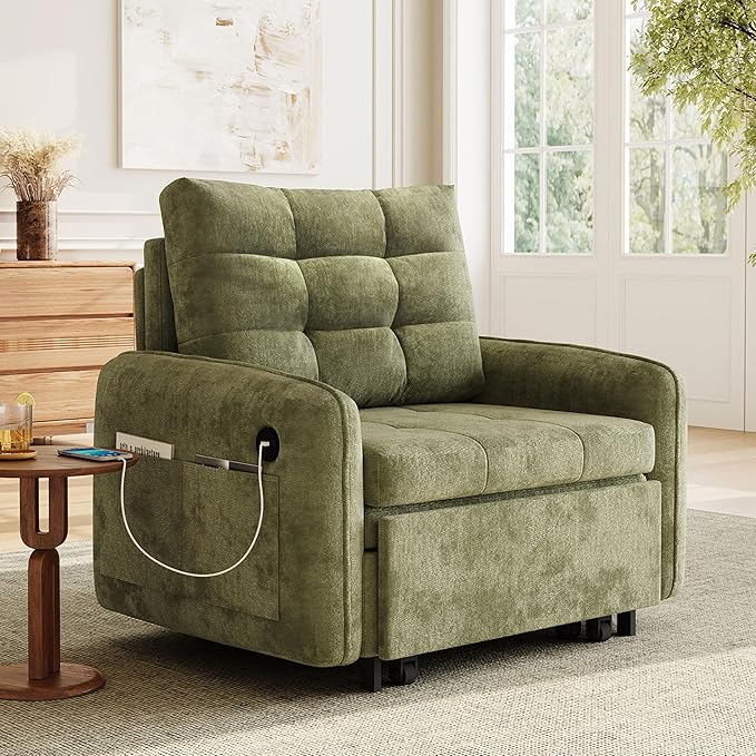 3-in-1 Convertible Sleeper Chair Bed Multi-Functional Chenille Single Sofa Bed with Storage Pockets and Box 80 Extra Long Pull Out Sleeping Lounge Chair for Living Room &amp Apartment (Green35)