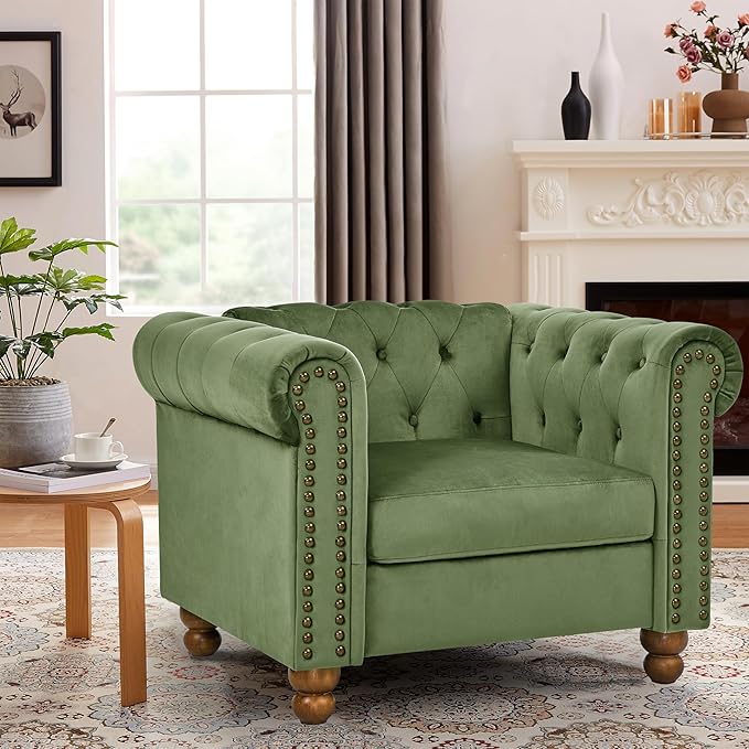 Velvet Chesterfield Chair Club Chair Tufted Single Sofa Couch for Living Room Accent Armchair with Nailhead Trim Green