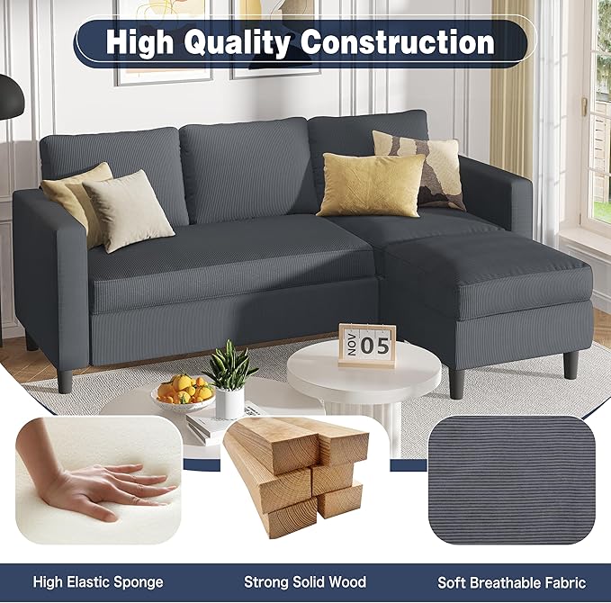 Shintenchi Modern Upholstered Sectional Sofa L-Shaped Couch with Reversible Chaise for Living Room New Corduroy Fabric