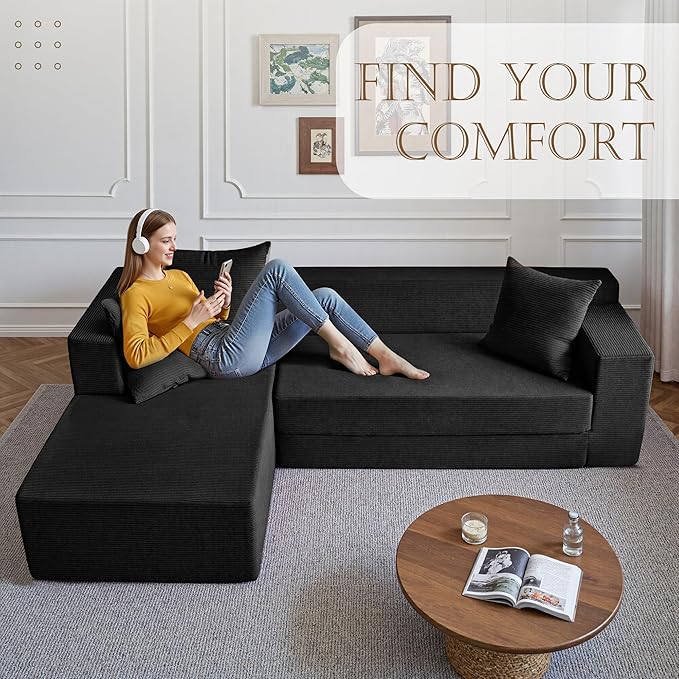 YINIX 106 Modular Sectional Sofa Modern Cloud Couch with L-Shape Chaise Upholstered Boneless Couches with Deep Seat Comfy Corduroy Sofa for Living Room Bedroom No Assembly (Black)