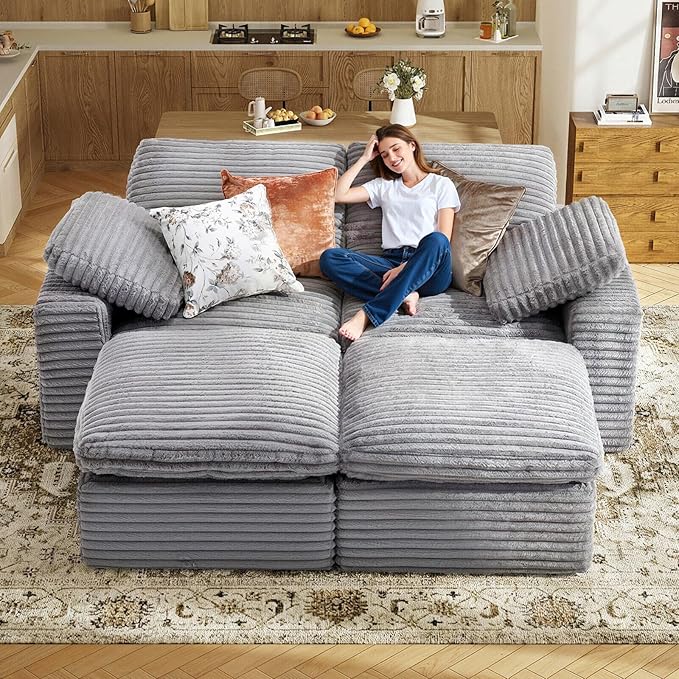 KKL 85 Sectional Modular Boneless Sofa Bed 4 Seater Cloud Couch with Ottoman Corduroy Sectional Couches for Living Room Bedroom Grey