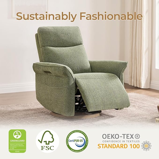 CHITA Power Recliner Chair Electric Triple-Motor Swivel Glider Nursery Rocking Chair with Adjustable Power Headrest and Lumbar Support GREENGARD Gold Certified Solid Wood Base Forest Green