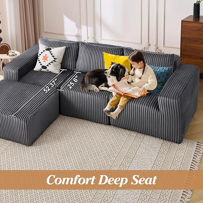 101 Cloud Sectional Couch Memory Foam Comfy Modular Sectional Sofa with Ottoman Corduroy Boneless Couches with Deep Seat L-Shaped Sofa for Living Room No Assembly Required (Dark Gray) | Deep Seat