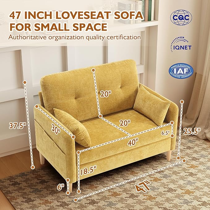 47 Small Sofa Couch for Bedroom Soft Chenille loveseat Mini Couch with Throw Pillow and Removable Cushion Cover for Small Spaces Living Room Apartment Dorm Office(Yellow)