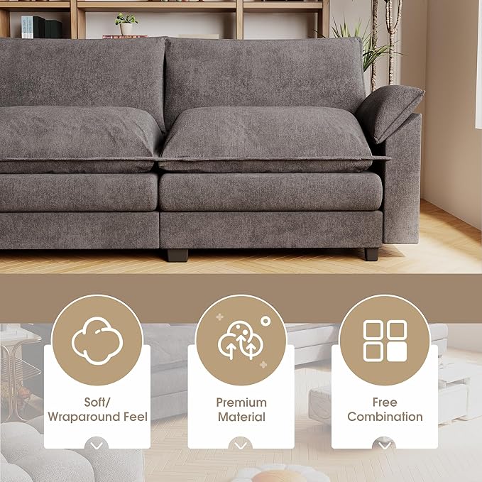 JUMMICO 198” Modular Oversized Sectional Sofa Couch Modern Wide Arm Deep Seat and Reversible Ottoman Sleeper Sofa Chenille Fabric for Living Room Apartment (Grey Oversized Sofa)