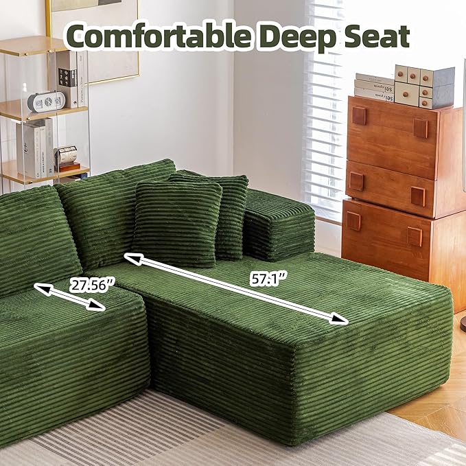 HOMREST 106 Modular Cloud Sectional Sofa with Deep Seats &amp Chaise No-Assembly L-Shape Couch for Living Room Plush Corduroy Fabric Green Oversized Comfortable Seating