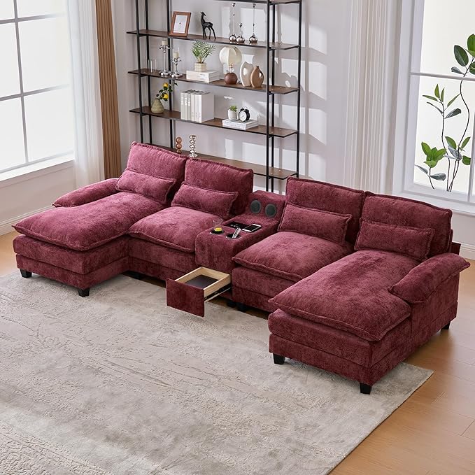 126 Modular Sectional Sofa with Storage Console Cloud Couch Chenille U-Shaped Sofa Cup Holders &amp Wireless Charger Memory Foam Double Chaise for Living Room Office Red