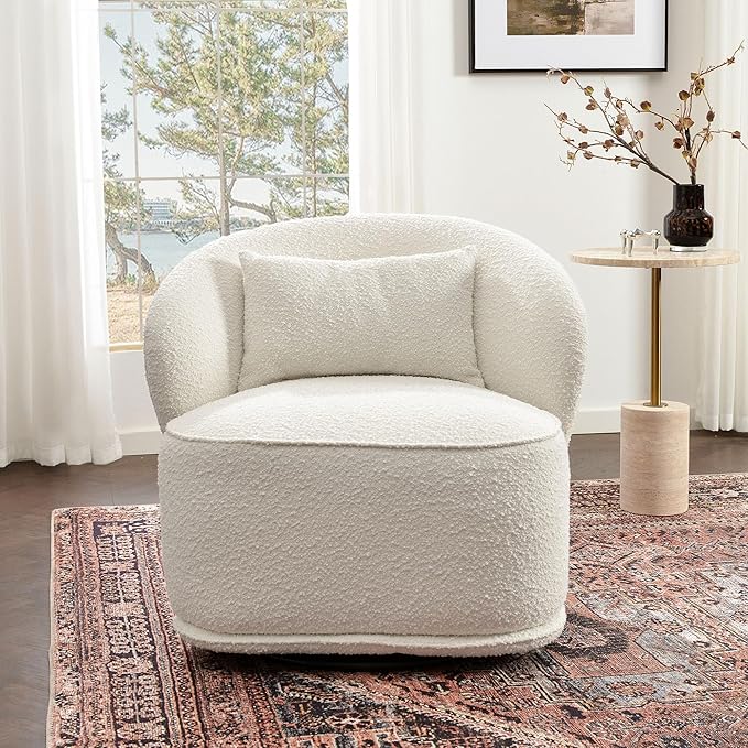 KINWELL 33 W Mid Century Modern Swivel Barrel Chair Upholstered Boucle Swivel Accent Chairs No Assembly Sofa Chair with Toss Pillow for Living Room Bedroom Reading Nursery Cream