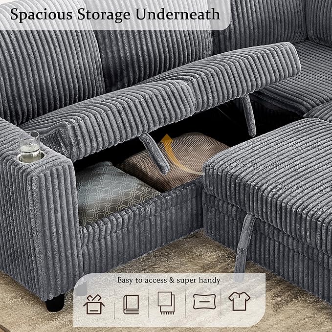 L-Shaped Sectional Sleeper Sofa with Pull Out Bed with Storage 5-Seat Sleeper Couch with USB Charging Convertible Design for Living Room Apartment Corduroy Fabric (Grey)