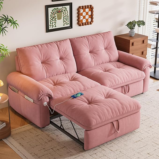 77 Queen Size Sofa Bed 2-in-1 Convertible Sleeper Sofa Bed with Adjustable Backrest Modern Velvet Couch with Side Pocket and USB Ports for Living Rooms Bedrooms Small Spaces (Pink 77.2inch)