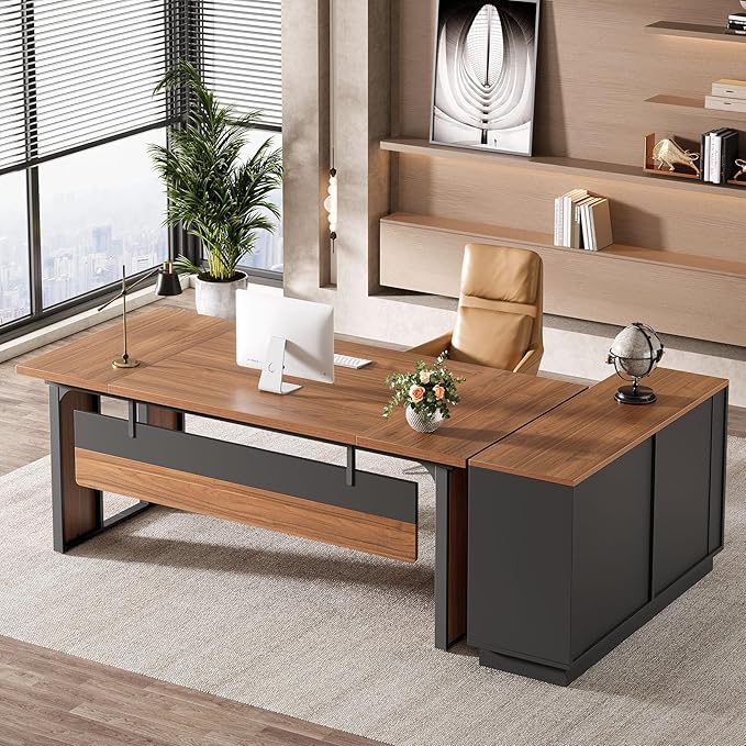 Tribesigns 63‘’ L-Shaped Executive Desk Office Table with 39.37-Inch Drawers Cabinet Large Computer Desk with Storage Shelves Business Furniture Set for Home Office Brown &amp Black