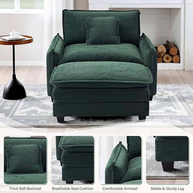 46 W Oversized Chair with Ottoman - Comfy Accent Chair and Ottoman Set Single Corduroy Large Armchair with Extra Thick and Deep Seat Modern Cloud Chaise Lounge for Living Room(Green)