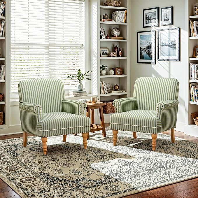 HUIMO Linen Fabric Accent Chair Mid-Century Modern Upholstered Armchair with Solid Wood Legs Comfy Reading Club Chair for Living Room Bedroom (2 Green and White Stripe)