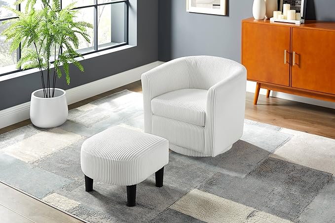 360° Swivel Accent Chair with Ottoman - Comfy Corduroy Recliner Armchair Single Sofa for Living Room &amp Bedroom (White)
