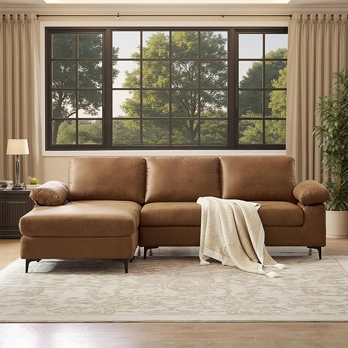 100.8''Sectional Couches for Living Room L Shaped Couch Faux Leather Couch Modular Sofa with Chaise and Back Cushions for BedroomApartment(Brown 100.8'')