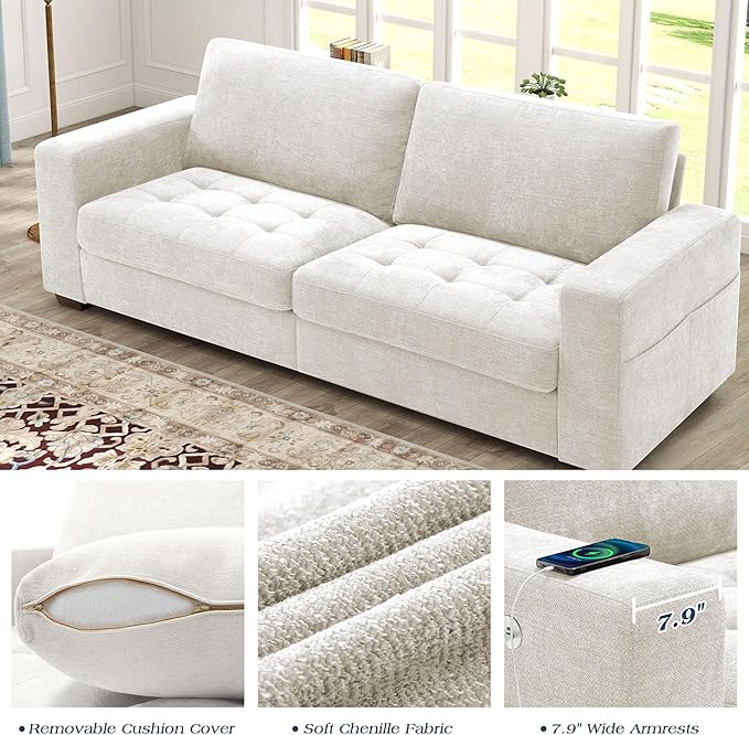 WorthFurni Sofas for Living Room Chenille Loveseat Couch Set Small Modern Sofa USB Charging Removable Sofa CoverSolid Wood Frame Easy to Install(89inchWhite)