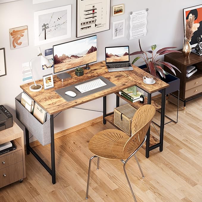 CubiCubi L Shaped Desk 55 Computer Table with Reversible Storage Shelves Home Office Corner Study Writing Gaming Rustic Brown