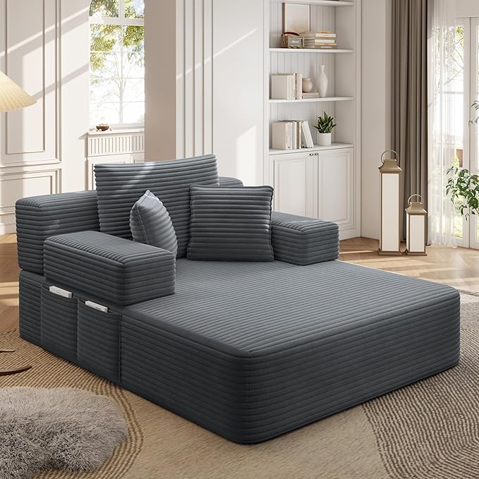 70W Oversized Chaise Lounge Chair Indoor with Adjustable Backrest &amp Storage 2 in 1 Convertible Sleeper Sofa Bed Compression Foam Boneless Couch for Living Room Bedroom Plush Corduroy Dark Grey