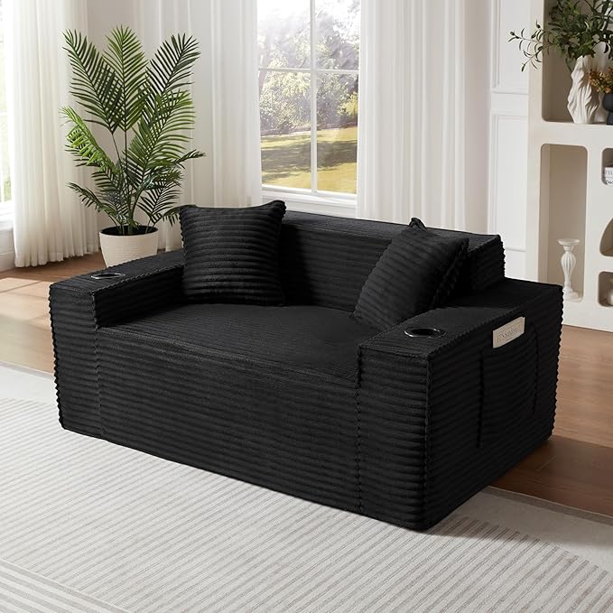 61 Cloud Loveseat Sofa with Cup Holder &amp Side Pocket Corduroy 2 Seater Sofa for Small Spaces Boneless Floor Sofa Couch with Pillow for Living Room Bedroom Apartment (Black Loveseat Sofa) | N