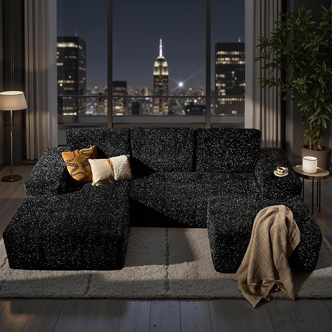114 Cloud Sectional Couches with OttomanU Shaped Boneless Couch in A BoxDeep Seat Modular Sectional Sofa with Comfy Chaise No Assembly RequiredBlack