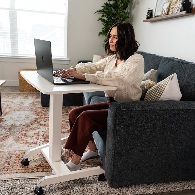 Mount-It! Adjustable Rolling Laptop Desk Mobile Standing Desk with Wheels Small Sit-Stand Computer Cart for Home Office or Classroom 29.6–44.2 Height 23.6x20.5 Desktop White