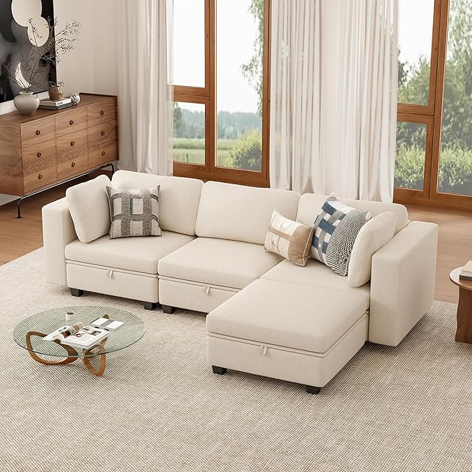 L Shaped Couch Convertible Sofa for Living Room Large Deep Seat Couches Oversized Modular Sectional 4 Seat Sofa with Storage Ottoman Cream