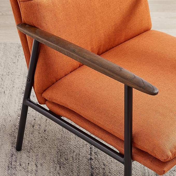 Zouron Upholstered Accent Chair with Metal Frame Modern Living Room Reading Chair with Wooden Armrests and Cushion Back Caramel