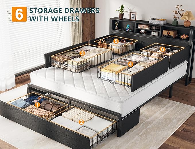 EnHomee Queen Bed Frame with 6 Storage Drawers Queen Size Bed Frame with Headboard Storage Bed with Charging Station No NoiseNo Box Springs NeededBlack