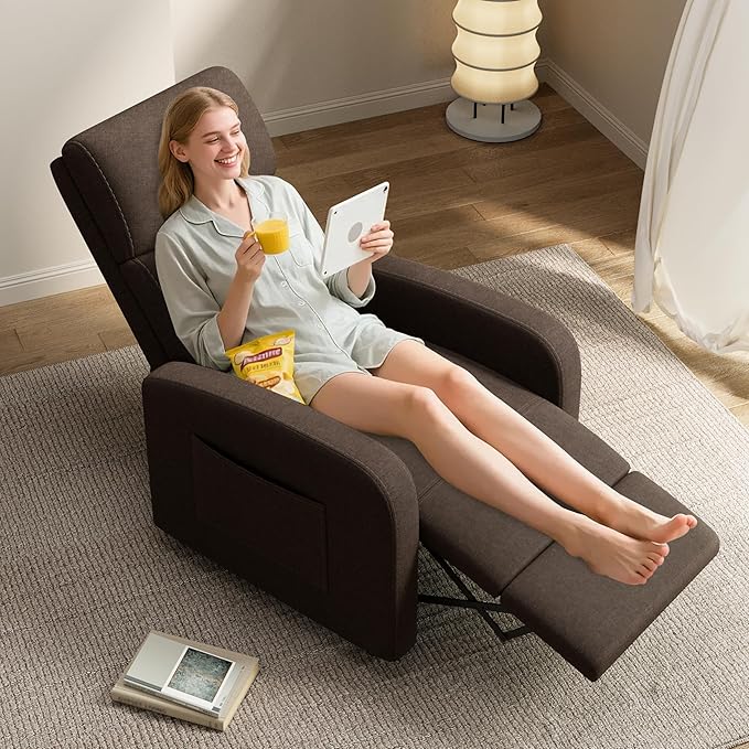 GarveeHome Linen Fabric Manual Recliner Chair with Side Pocket High Backrest Thick Cushion Adjustable Push Back Recliner Lazy Lounge Chair for Living Room Home Theater Bedroom Brown