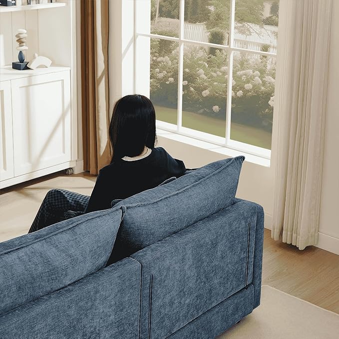 Homy Casa 102 Inch L Shaped Couch Set3-Seat Sectional Sofa with Chaise Comfortable Chenille Fabric Removable Cushions Ottoman DIY CombinationModern Design for Living/Family Room (Blue)