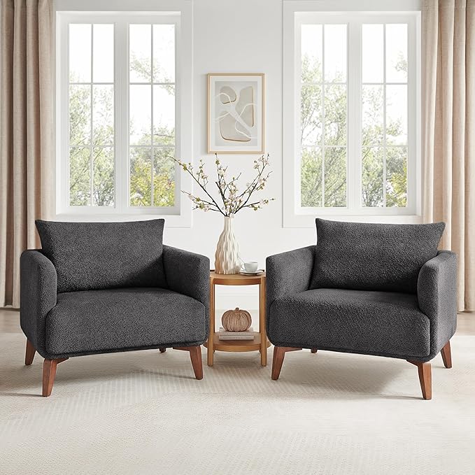 Oversized Accent Chair Modern Boucle Armchair for Living Room Sets of 2 - 37 Wide &amp Cozy Reading Chair with Solid Wood Legs Dark Gray Upholstered Lounge Chair for Bedroom &amp Office (Easy Asse