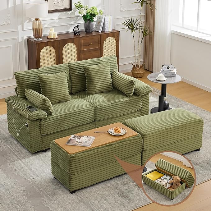 75 Corduroy Loveseat with Storage Ottoman &amp USB Cloud Deep Seat Couch with Convertible Ottoman Coffee Table Double Chaise Lounge for Living Room Green