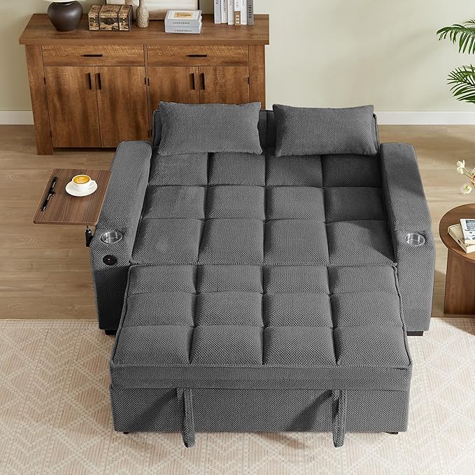 Eafurn Convertible Sleeper Sofa Bed with 360° Swivel Table &amp USB Ports Tufted Chenille Loveseat Pull-Out Couch with Storage Armrest &amp Cup Holders 6-Level Adjustable Backrest