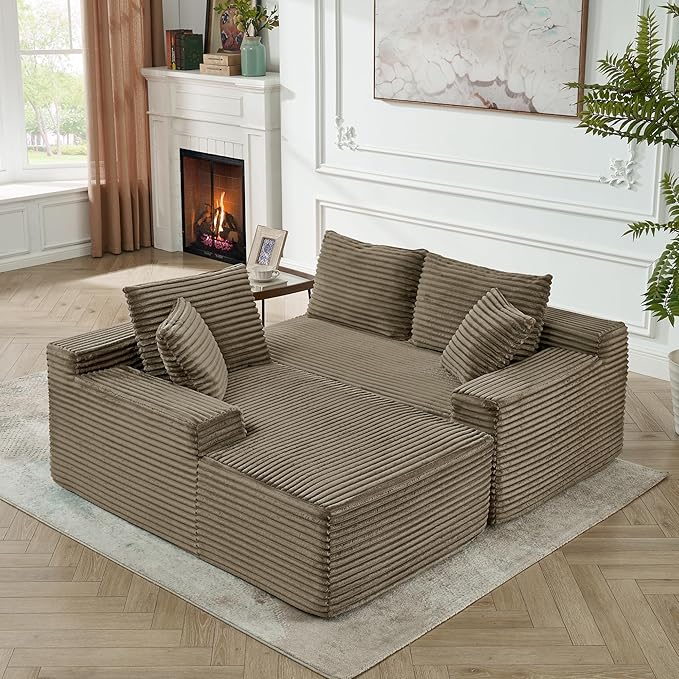 L-Shaped Cloud Sectional Couch Right Facing Modular Compressed Boneless Sectional Sofa with Chaise Lounge Plush Corduroy Boneless Corner Sofa for Living Room