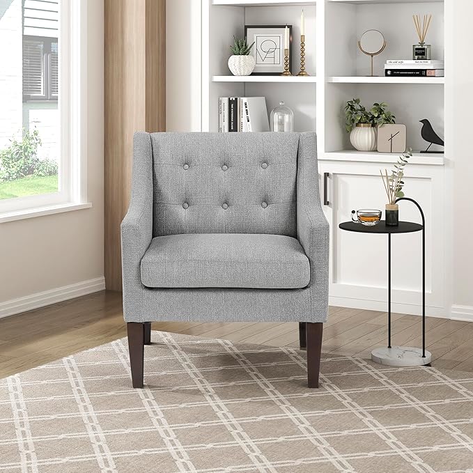 Lexicon Living Room Accent Chair Textured Fabric Upholstered Arm Chair with Button Tufted Back Sloped Arms and Wooden Legs Gray