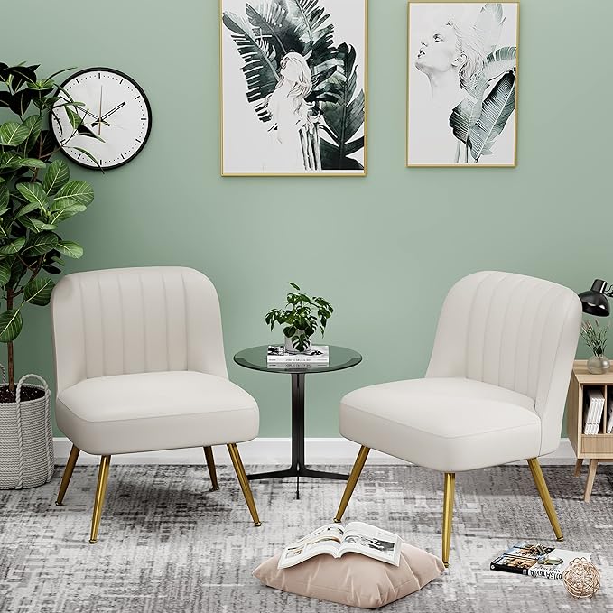 Andeworld Modern Accent Chair Set of 2 Upholstered Faux Suede Living Room Chairs Elegant Armless Cute Small Side Club Chair with Golden Legs for Bedroom-Beige