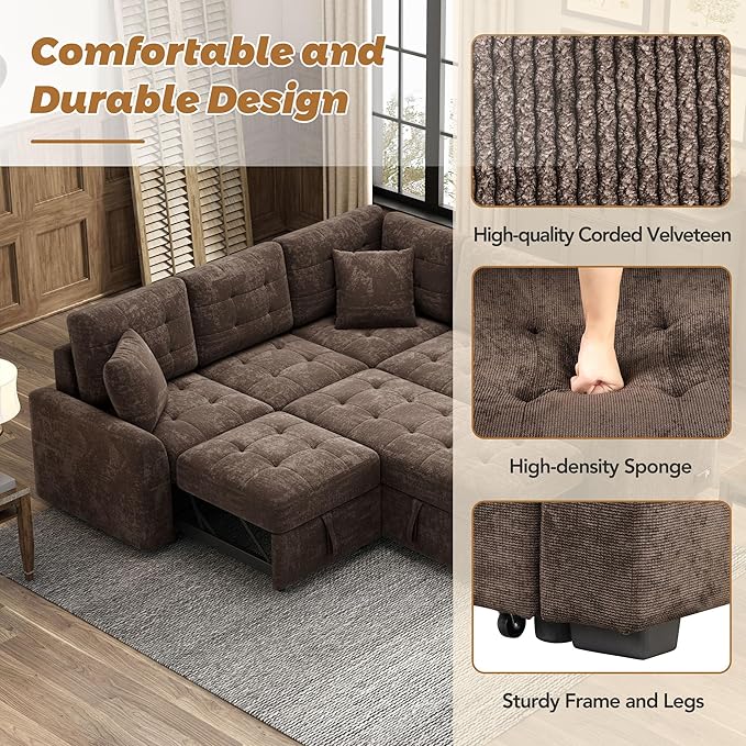 82.6 L-Shape Sofa Bed with Wheels Pull-Out Sleeper Sofa with USB Ports and Power Sockets Multifunctional Convertible Sectional Sofa Set for Living Room Bedroom (Brown-11x)
