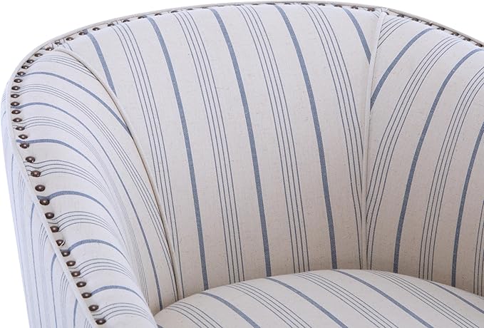Christopher Knight Home Austin Fabric Upholstery Wood Frame Club Chair Stripes Pattern and Channel Stitching Living Room Barrel Chair Comfy Armchair Tub Design with Removable Cushion Beige + Blue