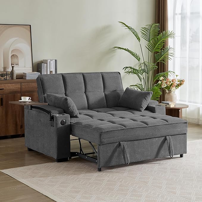 Eafurn Convertible Sleeper Sofa Bed with 360° Swivel Table &amp USB Ports Tufted Chenille Loveseat Pull-Out Couch with Storage Armrest &amp Cup Holders 6-Level Adjustable Backrest