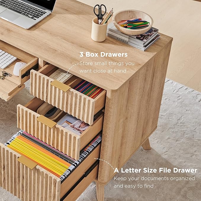 T4TREAM Fluted Executive Desk with Drawers 60 Modern Home Office Computer Desk with Charging Station File Cabinet Keyboard Tray and Storage Cabinet for Study Living Room Bedroom Natural Oak