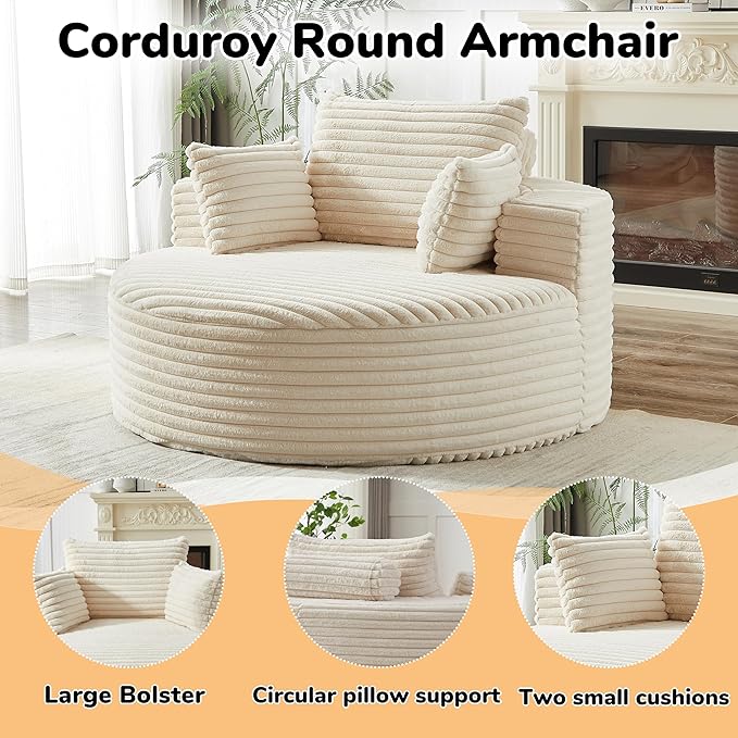 55 White Oversized Round Boneless Couch Sofa Corduroy Memory Foam Cloud Couches Lounge Chair Comfy Fluffy Single Sofa with 3 Pillows for Living Room Bedroom No Assembly Required (White)