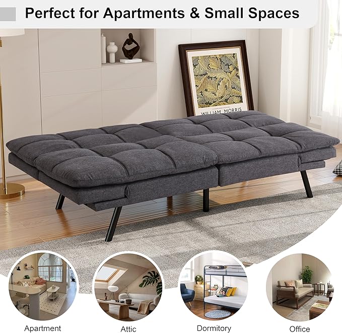 MUUEGM 71 Futon Sofa Bed Comfortable Memory Foam Futons Sofa with Adjustable Backrest &amp Armrests Convertible Loveseat Futon Bed for Compact Living Room Apartment Office Medium Grey
